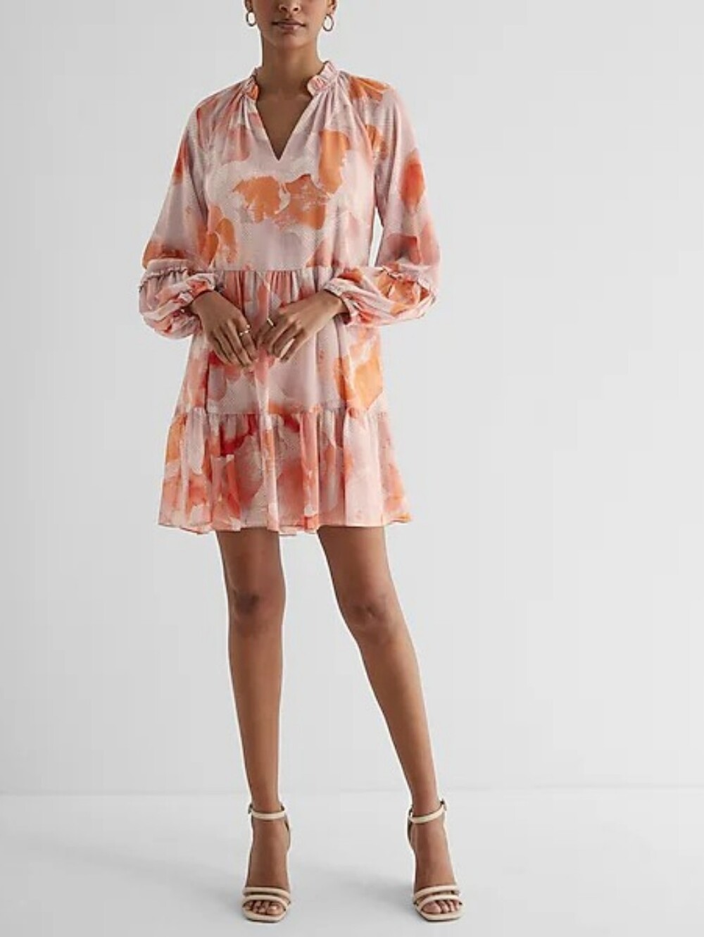NWT Express Floral Ruffle Neck Tiered Mini Shift Dress, Medium, Floral Print,